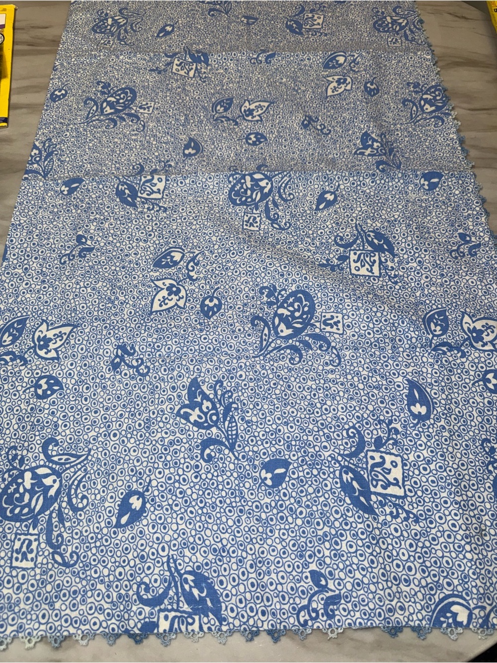 Light blue white vintage Paisley pattern table runner lace edges